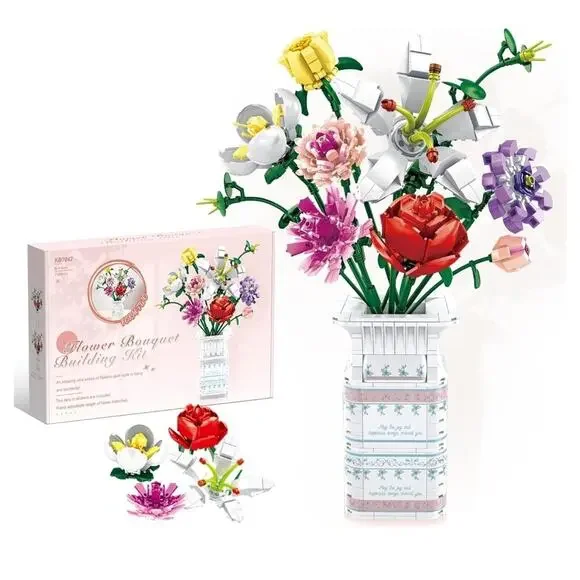 730 Piece Block Flowers Bouquet Building Set, 10 Artificial Flowers, with Vase