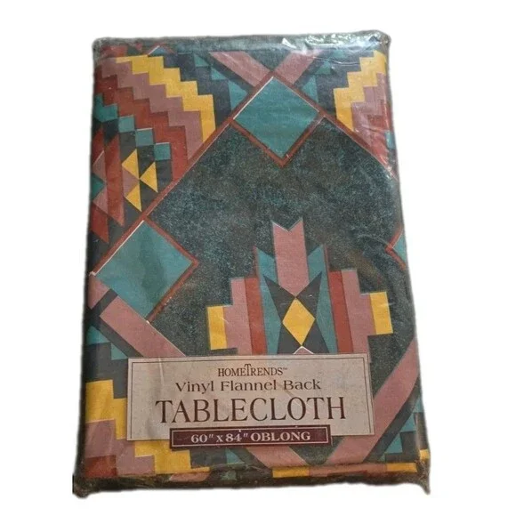 Vintage 90s Green HomeTrends Aztec Flannel Back Vinyl Tablecloth 60