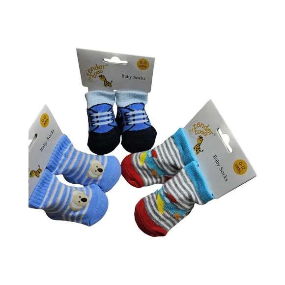 3 Pair Baby Socks Set with Fun Designs Size 0-12 months