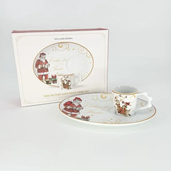 Williams Sonoma Twas the Night Santa Milk and Cookie Set Porcelain Christmas NEW