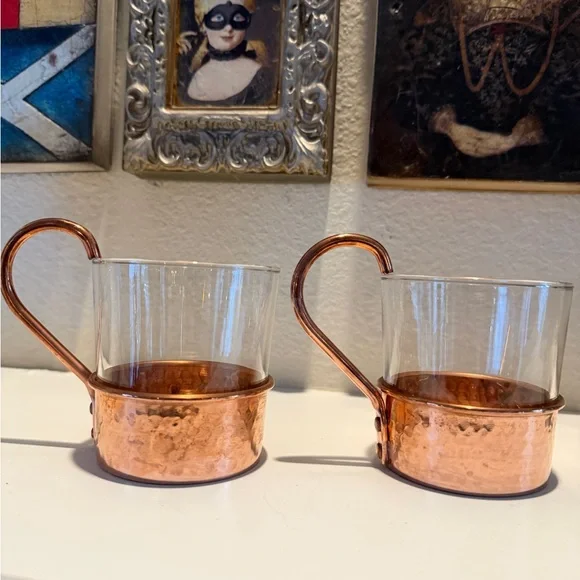 Williams Sonoma Set Of‎ Two Hammered Copper & Glass Mugs