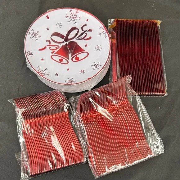 Festive Red Bell Party Plates and Utensils Set bundle all new red and white