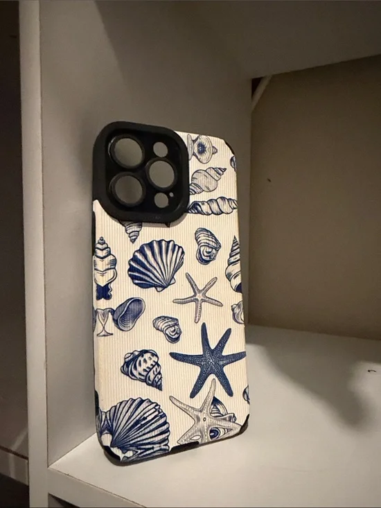 Unknown Brand Blue Seashell Pattern Phone Case - Blue & White IPhone 14 Pro Max