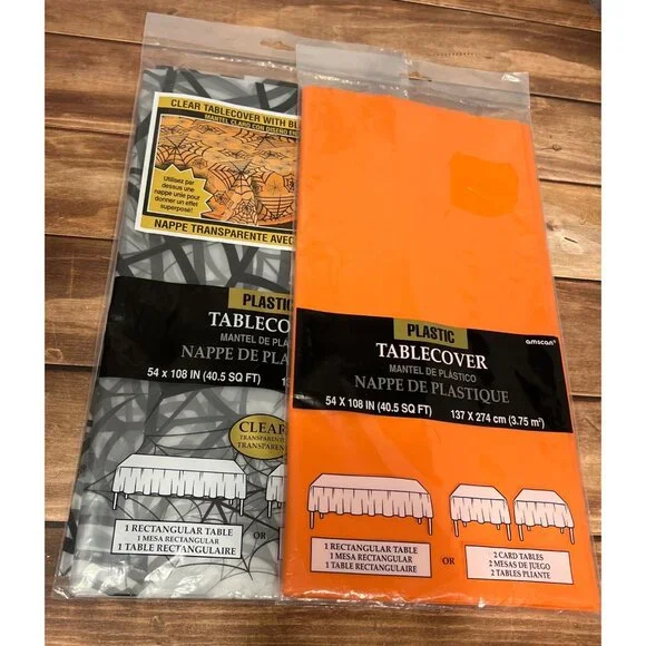 Amscan (1) ORANGE & (1) CLEAR/BLACK SPIDER WEB TABLECLOTH COVER HALLOWEEN