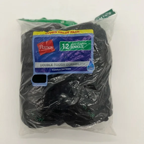 Hanes Ankle Socks 12-Pack Boys Cushioned Reinforced Heel Comfort Toe Black Sz M