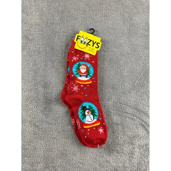 Foozys Kids Christmas Snow Globe Santa Snowman Crew Socks Red
