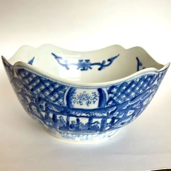 Williams Sonoma Vintage Asian Chinese Large Blue & White Porcelain Bowl 10”