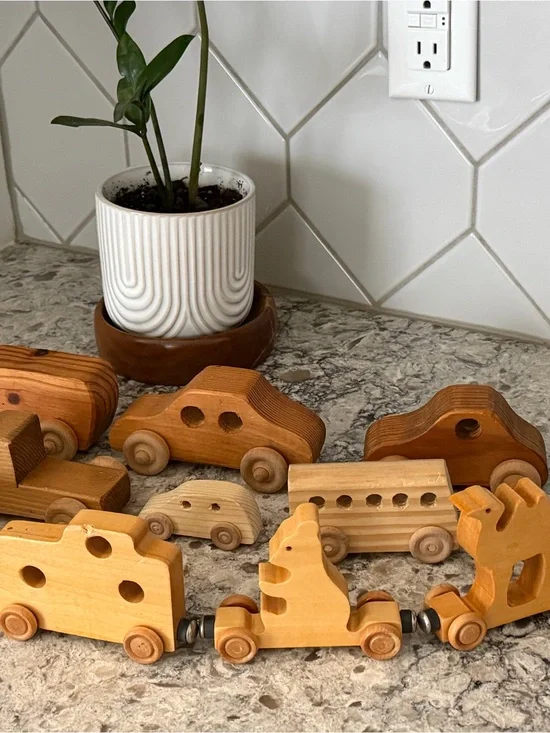 Natural Wood Kids Toy Vehicle Set - Wooden Cars & Train