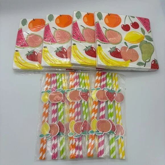 Fruit Print Napkins Straws, Summer BBQ Party Decorations Supplies NEW