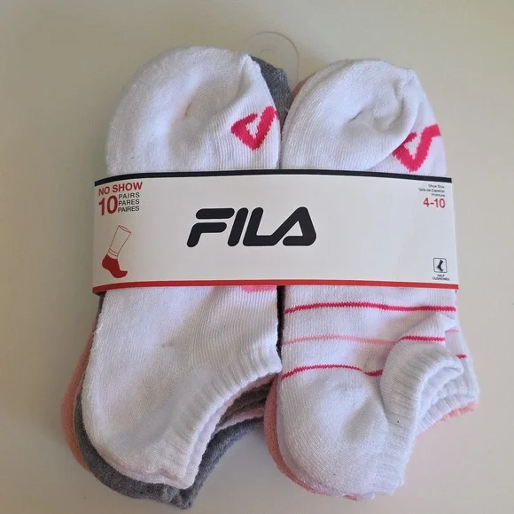 FILA Kids (Girl) No Show Socks 10-Pack Size 4-10 White Pink Grey Solid Stripped