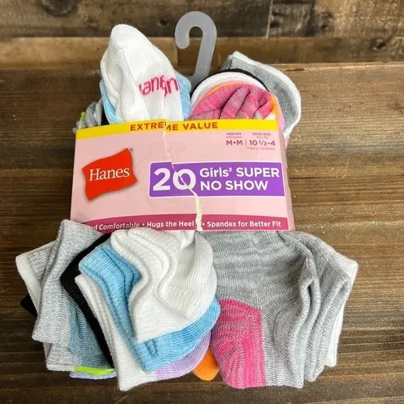 Hanes Girls Super No Show Socks Bundle of 19 Pairs New Shoe Size 10.5-4‎