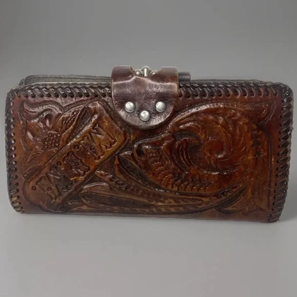 Vintage Brown Leather Hand Tooled Zipper Coin Change Wallet Flowers Western