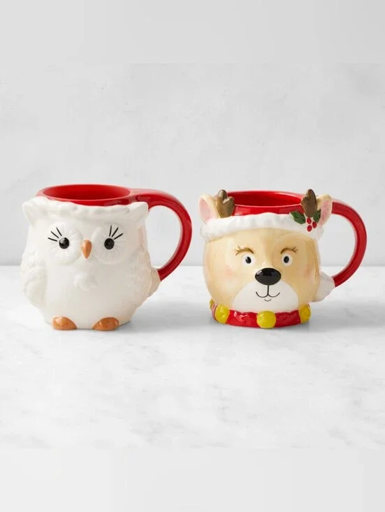 Brand New* Williams Sonoma Reindeer & Owl Figural Mug Set
