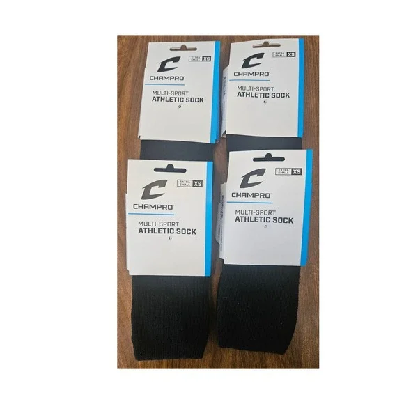 CHAMPRO Multi-Sport Athletic Socks XS Extra Small Black‎ 4 Pairs