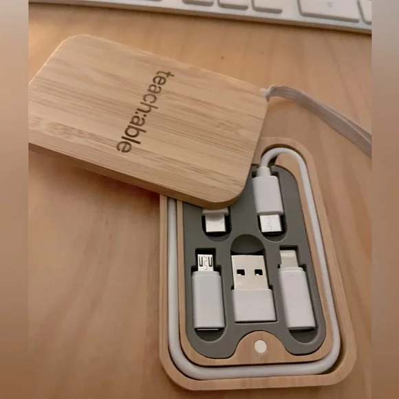 NWOT Cable and Adapter Set in a Bamboo Box