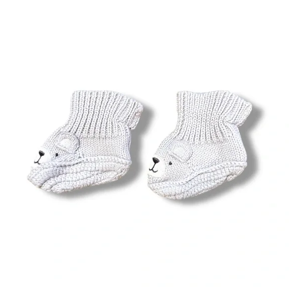 Handmade Baby Infant Socks Light Gray Bear‎ Crochet Knit