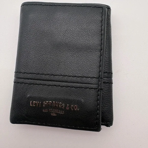 Levi Strauss & Co San Francisco logo Mens Black Leather Trifold Wallet ID Window