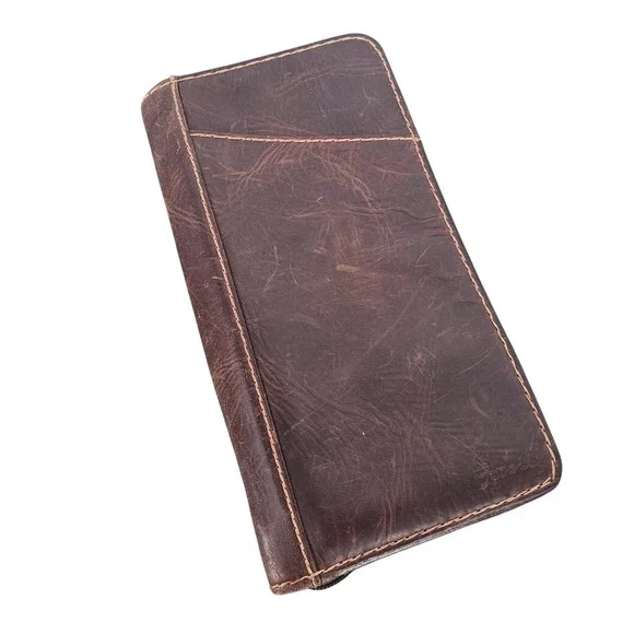 Fossil Brown Genuine Leather Distressed Zip Passport Travel Wallet Vintage
