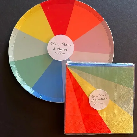 Meri Meri rainbow plates w/matching napkin-8 plates & 20 5” x5” napkins-NWT