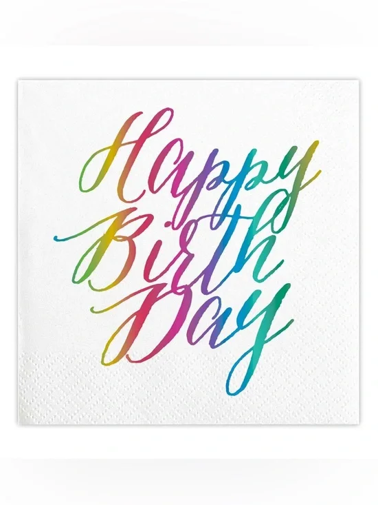 Slant cocktail napkins Happy Birthday in rainbow script / set of 4=80 total- NWT