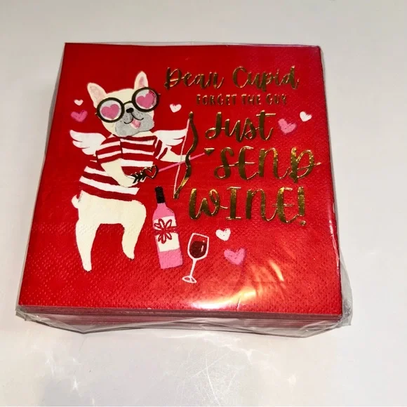 French Bulldog Frenchie Valentines Cupid Send WINE! Cocktail Napkins NEW NIP