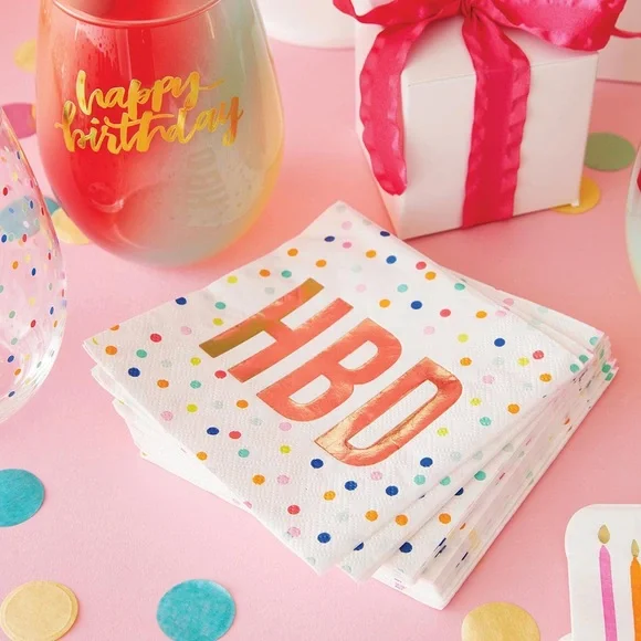 Slant “HBD” multicolor polka cocktail napkin/gold lettering-4 packs=80 total-NWT