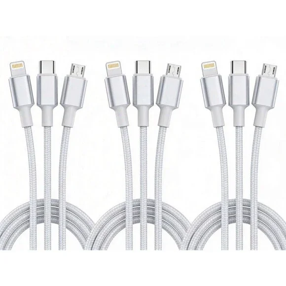 3 Pack 3-in-1 Charging Cable USB-C Micro USB Fast Charger
