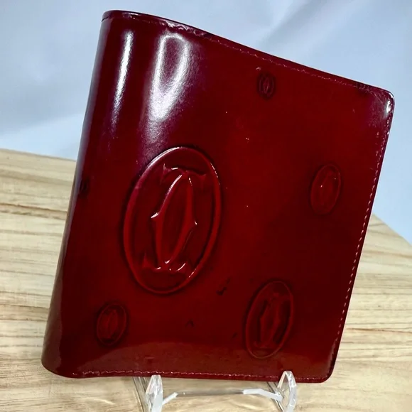 Cartier Paris Happy Birthday Red Patent Leather Bifold Wallet Logo Embossed
