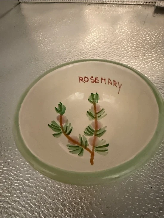 Vintage Williams and Sonoma Hand-Painted Rosemary Herb Bowl - Green and Cream