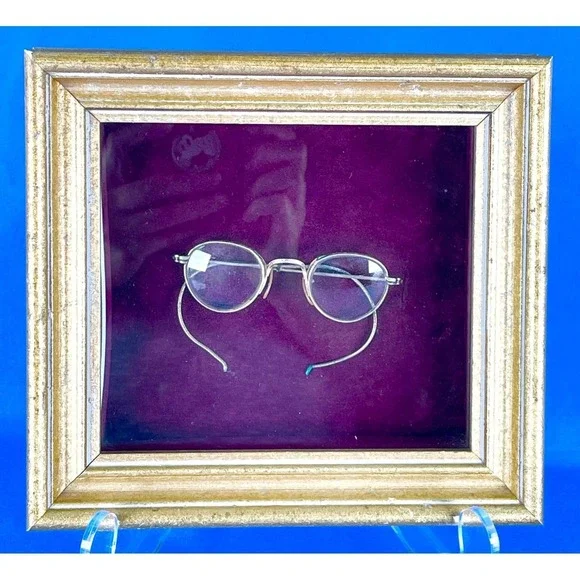 Antique Victorian Child's Round Gold Wire Rim Eyeglasses Shadowbox Display