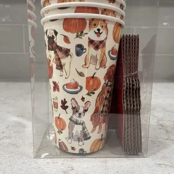 FALL DOGS Set of 12 Travel 16oz Disposable Cups Lids Sleeves Football Pumpkins