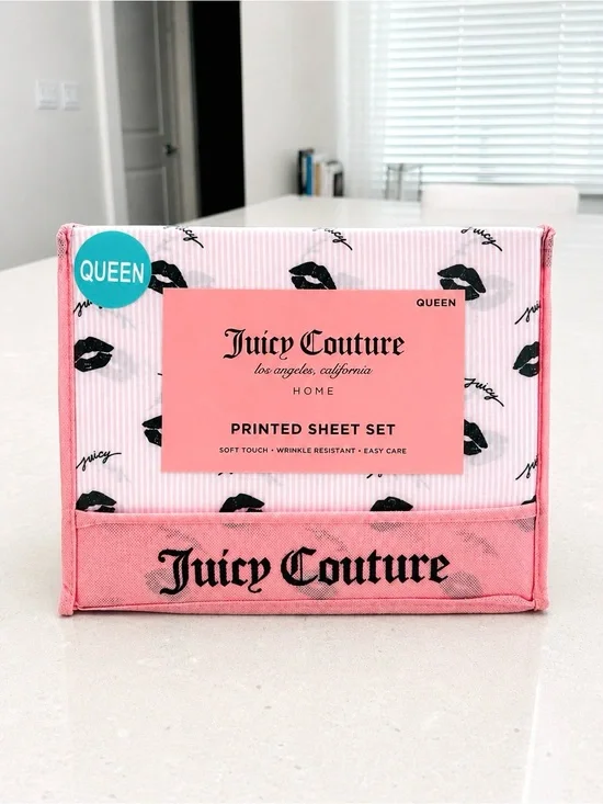 Juicy Couture Queen Sheet Set Pink Lips Print | Soft Luxury Bedding | NWT