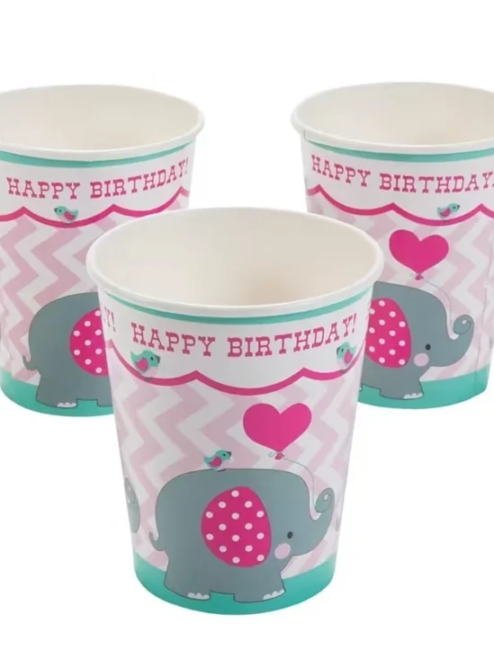 9 oz. 1st Birthday Pink Elephant Disposable Paper Cups - 8 Ct.