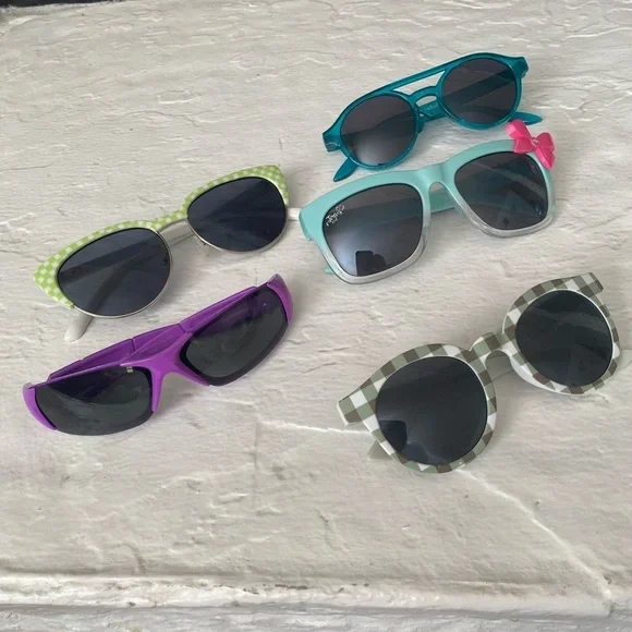 Lot Of Five Kids Sunglasses Aviator Sport Bow Checkered Girl Blue Green Round