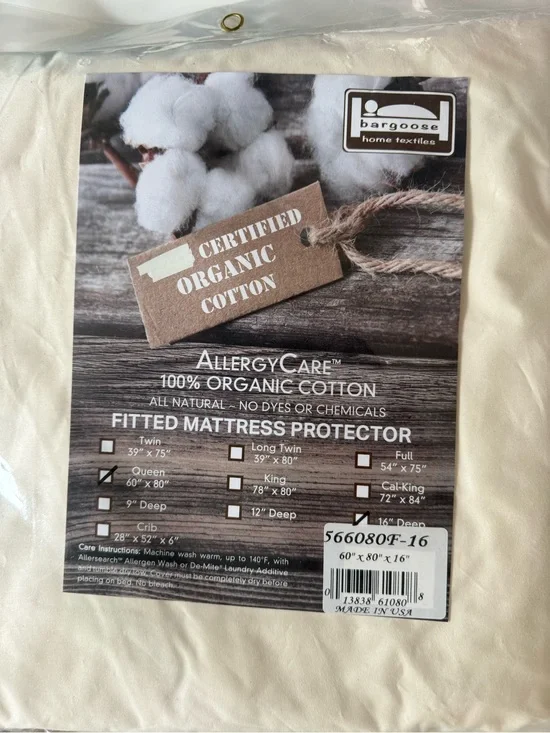 ALLERGY CARE 100% ORGANIC COTTON FITTED MATTRESS PROTECTOR QUEEN