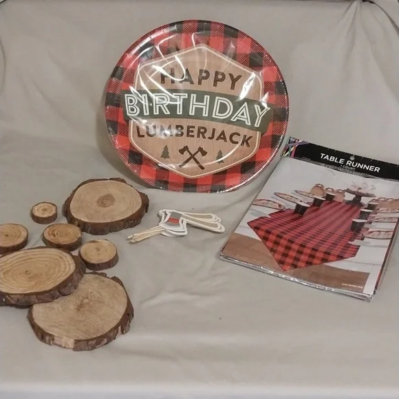 Lumberjack Theme Party Supplies- Table Runner, Plates, Axe Cupcake Toppers