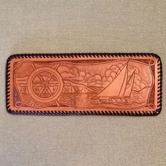 Unused vintage 50s 60s wallet billfold, embossed leather with sailboat and wheel
