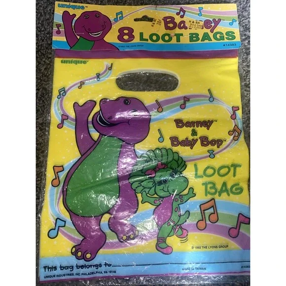 Vintage 1992 Barney The Dinosaur (8) Loot Bags