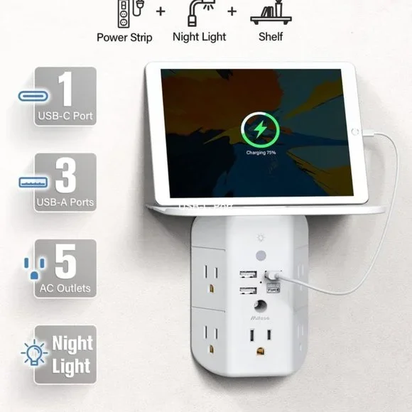 Mifaso Wall Outlet Extender with Shelf and Night Light,Surge Protector, Charger