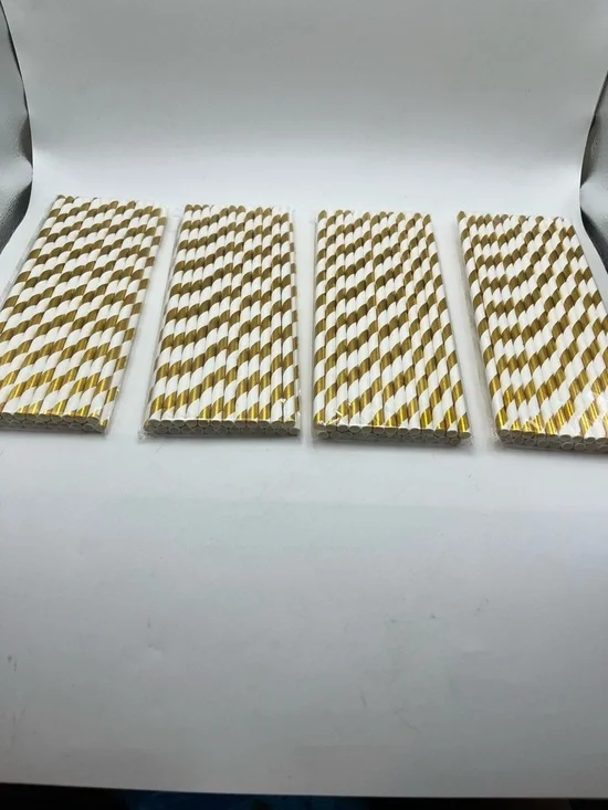 Festive Gold & White Striped Paper Straws - Party Pack