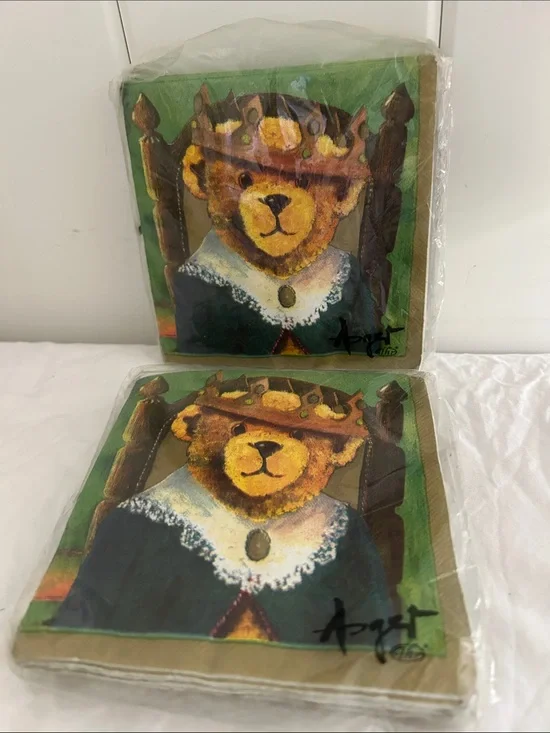 90s vintage Asger Bear napkins King bear gold cocktail paper napkins Germany LOT