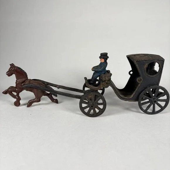 Vintage Cast Iron Horse Drawn Carriage Cab Toy Reproduction 3pc Set