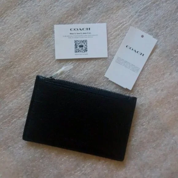 COACH Black Leather Zip Card Case, NWT