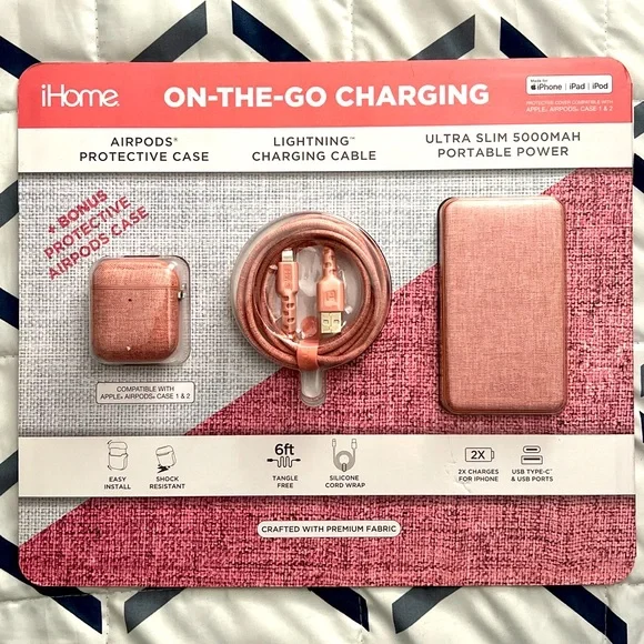 iHome 3 Piece On The Go Charging Set Pink