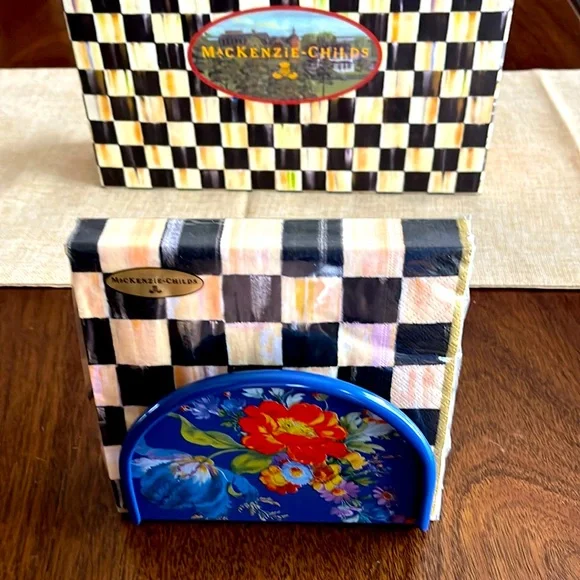 NWT Mackenzie Childs Blue Flower Market napkin holder set Courtly check napkins