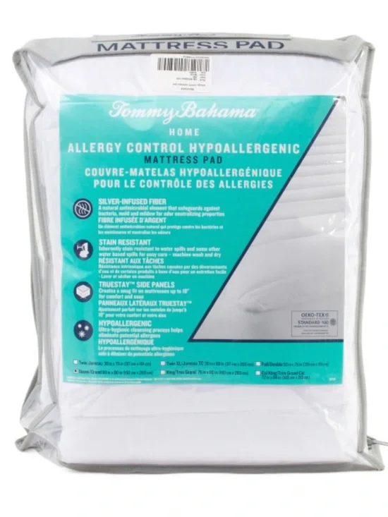 Tommy Bahama White Mattress Pad with Teal Accent Packaging