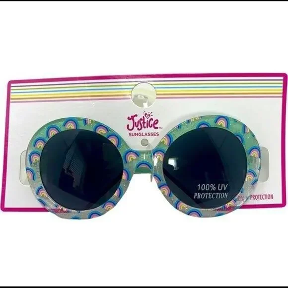 Justice Sunglasses Girls Green Sparkle Rainbow Round Tinted 100% UV Protection