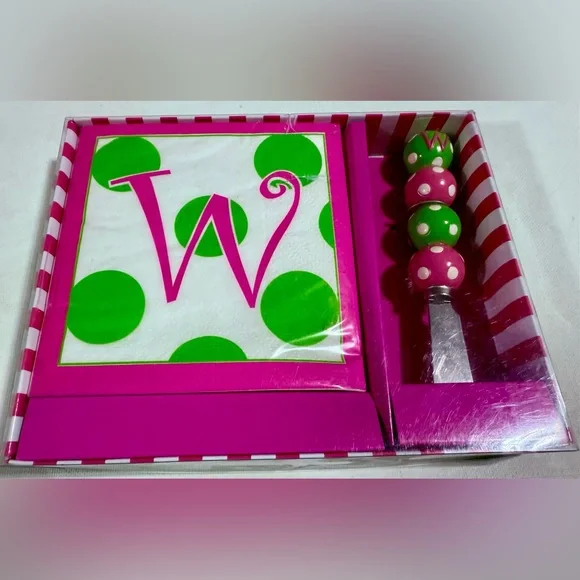 Vibrant Pink and Green Polka Dot Napkin Set with Spreader