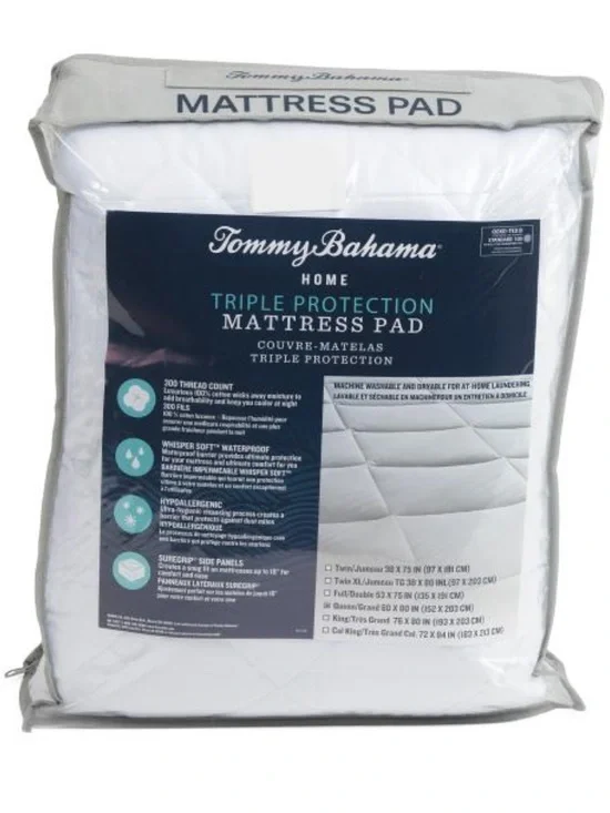 Tommy Bahama White Triple Protection Mattress Pad - Whisper Soft Waterproof