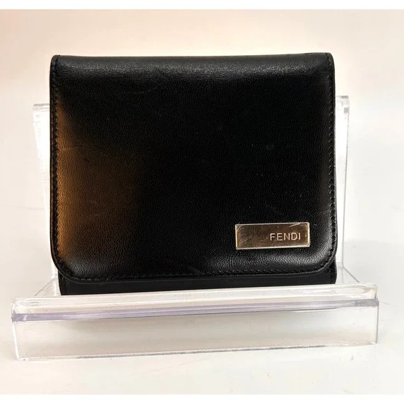 Fendi Black‎ Leather Trifold Wallet GHW Coin Snap Authentic